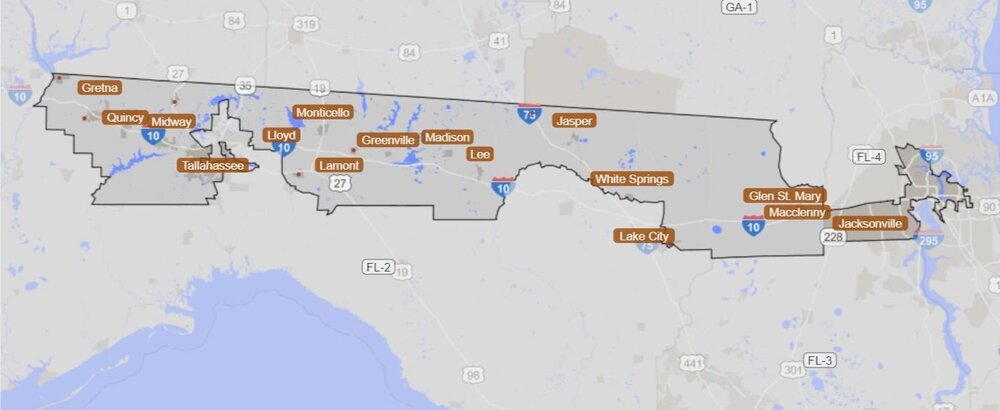 About Florida’s 5th - Florida’s 5th Congressional District is considered a “safe” seat for a Democrat. The district runs along the Florida-Georgia border. Its eastern end begins in working-class neighborhoods in Jacksonville, and the district runs west across eight counties, ending with Gadsden County, just west of Tallahassee.